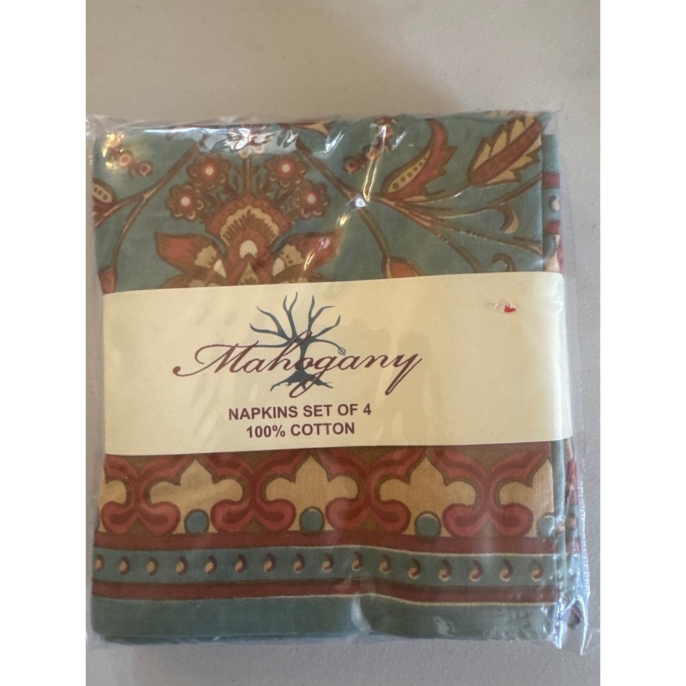 Mahogany Cotton Napkins Set of 4 Teal Rust Floral Block Print 18x18 S12NP India
